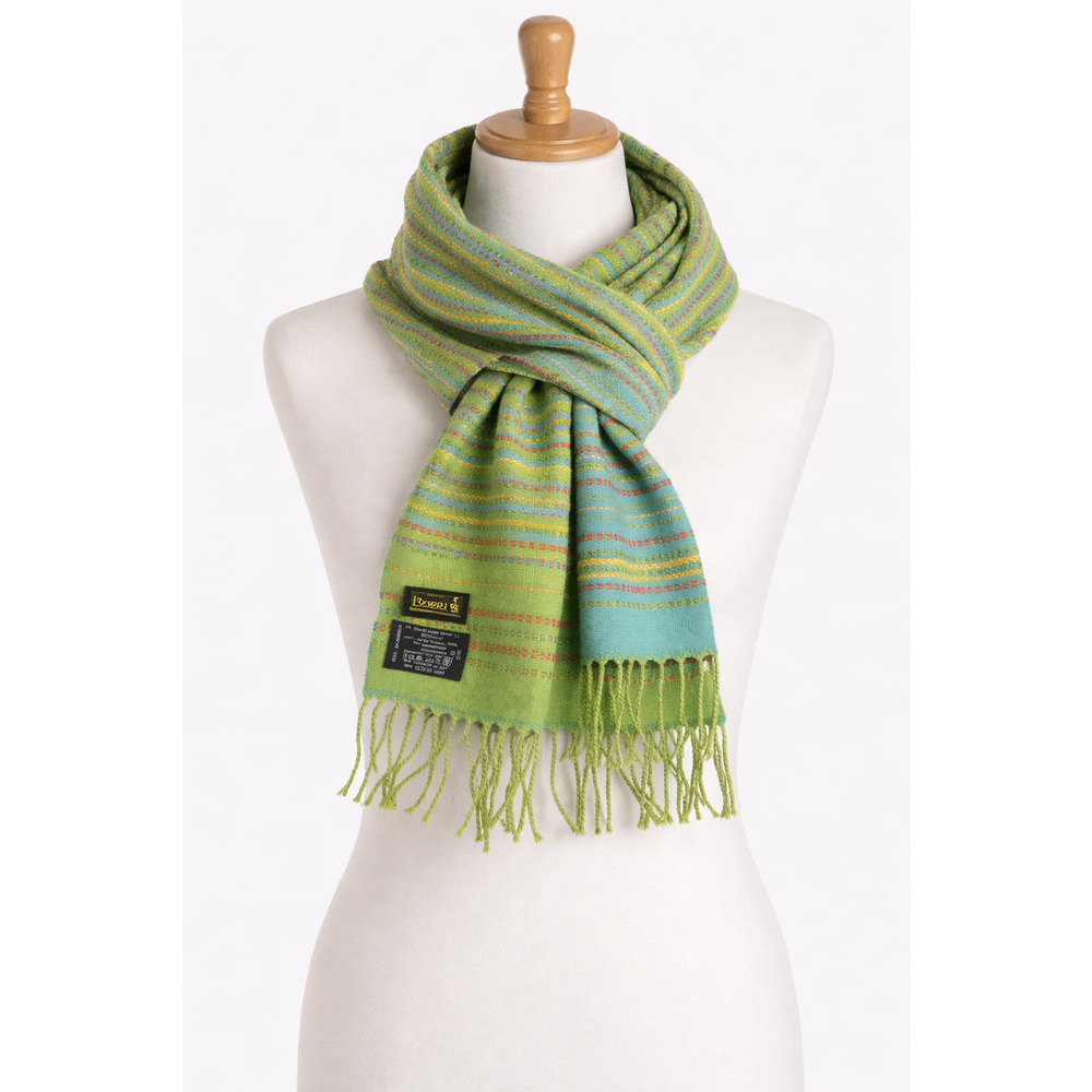 Boru Wool Blend Striped Scarf Green Teal Fringe EU Made 62x8